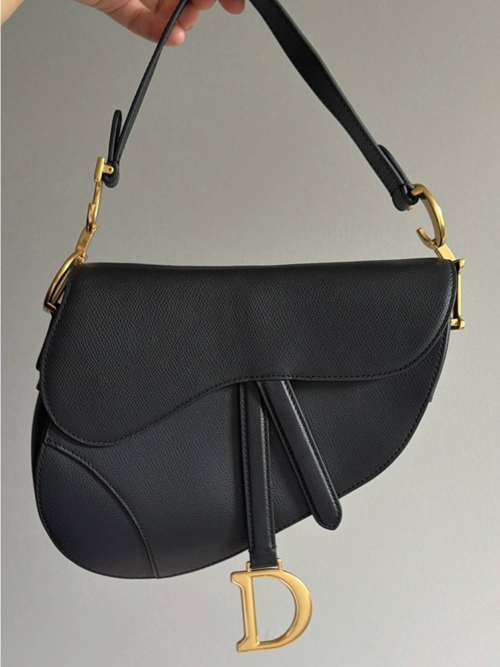 Black Saddle Shoulder Bag with Gold Hardware